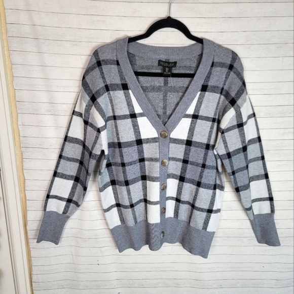 RACHEL ZOE GRAY PLAID V NECK BUTTON UP CARDIGAN SWEATER, SZ SMALL - Picture 1 of 8